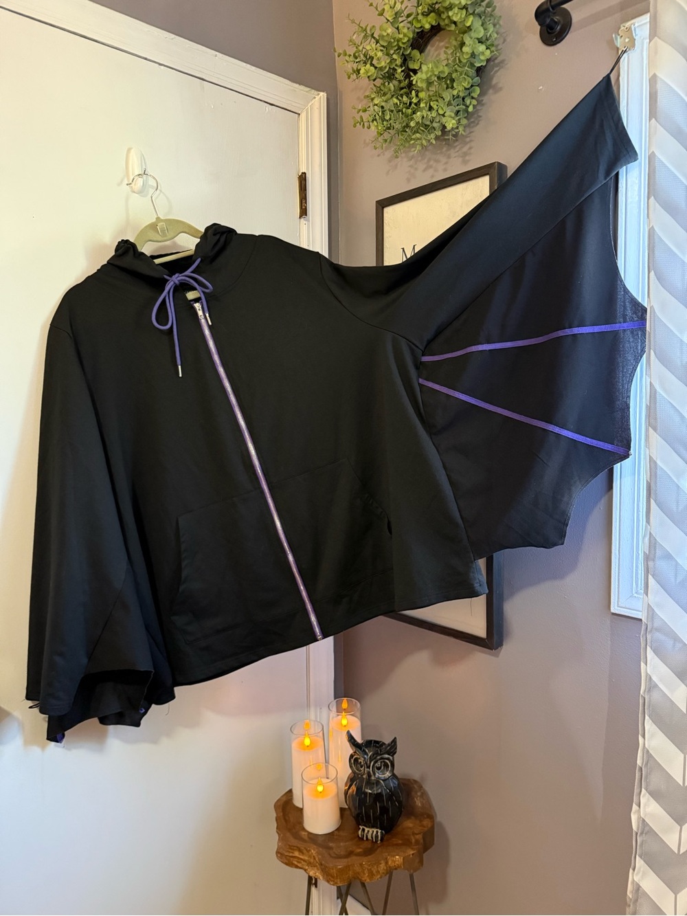 BloomChic Black Hooded Cape Jacket with Purple Trim